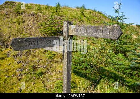 Mit Flechten überdachter Fußweg zu The Striding Arches, Dumfries & Galloway, Schottland Stockfoto