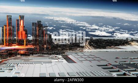 Futuristische Glas Stadt mit leuchtenden Fenstern. Leuchtende Straßen und helle Blitze zwischen den Häusern. Sternenhimmel atmosphärischen Himmel im Hintergrund. 3D-illustrati Stockfoto