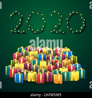 2020 Weihnachtsbaum, Geschenke, Lichter auf Grün isoliert Hintergrund. Vektorbild Stock Vektor