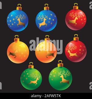 Bunte Weihnachtskugeln mit dem Bild eines Rotwild auf einem schwarzen Hintergrund isoliert. Vektorbild Stock Vektor
