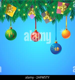 Weihnachten Hintergrund Weihnachtsbaum Glaskugeln garland Geschenke Verpackung auf isolierten Hintergrund. Vektorbild Stock Vektor