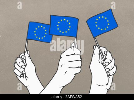 Hände winken kleine Europäische Union Flaggen Stockfoto