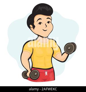 Zeichentrickfigur muskulöse Kerl Athlet mit Hanteln in den Händen Sport, Fitness Zeichnung. Süße Mann in Anzug Training und Shakes Muskeln, iso Stock Vektor