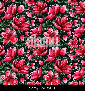 Japanische Kirsche oder red Sakura. Rosa Blumenmuster Zeichnungen. Nahtlose Aquarell Muster für Stoff textile Design oder Hintergrundbilder. Romantische Blumenmuster Stockfoto