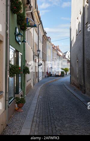 Enge Gassen auf dem Marktplatz in Dippoldiswalde Stockfoto