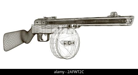 Drahtmodell Maschinenpistole Shpagin. Sowjetische alten Maschinengewehr. Anzeigen Perspektive. 3D. Vector Illustration. Stock Vektor