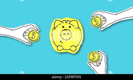 Händen Geld Münzen in glänzende Sparschwein auf blauem Hintergrund Stockfoto