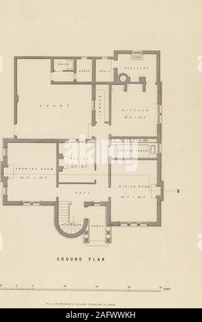 . Cottage, Lodge, und Villa Architektur. Die Zeichnung - Zimmer, ein Tag - Gärtnerei, Baumschule andnurses oder Diener Schlafzimmer. Es gibt auch ein Bad mit Dusche und Toilette, und alinen-Schrank. Alle Zimmer verfügen über Kamin und gut beleuchtet. Die Höhe der Schlafzimmer Erdgeschoss ist 10 Fuß. Platte |. - Die Seitenansicht shews den Eingang Eingang, die Fenster der Morgen - das Schlafzimmer über, und der Gerichtshof Wand und Tor. Platten £ - "Zeige Dach Planen und Abschnitt. Der Abschnitt ist auf der Linie A-Bthrough am Morgen - Zimmer, Flur und Wohnzimmer im Erdgeschoss und dem jeweiligen Sch Stockfoto