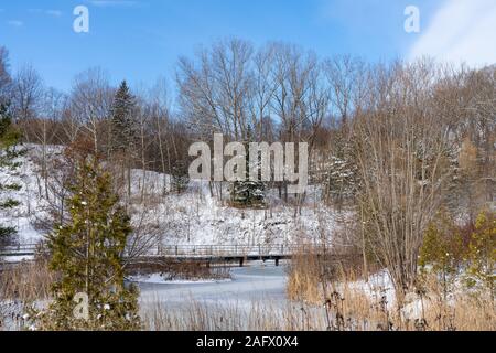 Gefrorener Fluss in einem Feld umgeben von trockenem Grün und Holzzäune unter blauem Himmel Stockfoto