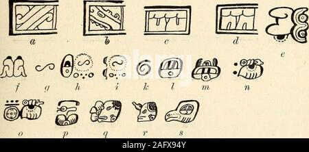 . Mexikanischen und Zentralamerikanischen Antiquitäten, Kalender, und Geschichte;. Meiner Theorie. FORSTEMANN] SERIE VON ZAHLEN, DRESDEN CODEX 469 Alle diese Bilder an der Spitze, die Rechtecke von whichI beigetreten sind, haben in meinem Erlauterungen, Seite 16 gesprochen, und die immer enthalten zwei oder drei Glyphen, dass mit viel Zögern, ich tointerpret wie die Symbole der Sonne, des Mondes und der Planeten geneigt war. Keine seriouscontradiction dieser Theorie Bisher folgte. Als Symbol des Saturn, ich habe in dem Artikel ein Orb, Abbildung 109: Diese Zahlen sind tatsächlich in allen neun pic gefunden - tur erwähnt Stockfoto