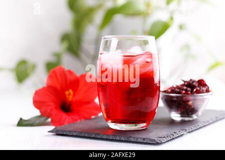 Kalt erfrischende Hibiscus iced in ein Glas mit roter Blume, kopieren Platz horizontale Ted Stockfoto