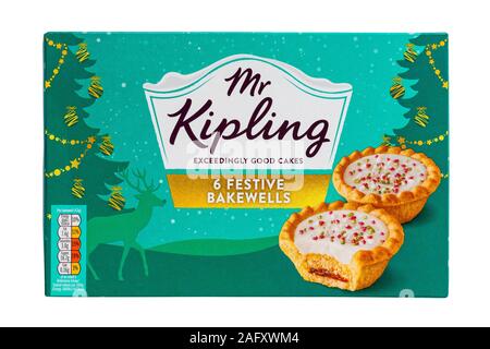 Box von Herr Kipling 6 Festliche Bakewells überaus guten Kuchen auf weißem Hintergrund Stockfoto