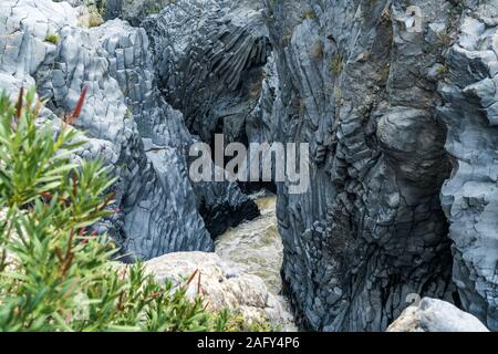 Schwarzes Lavagestein in der Schlucht Gole dell'Alcantara am Fluss Alcantara, Sizilien, Italien, Europa | schwarze Lava Wände der Gole dell'Alcantar Stockfoto