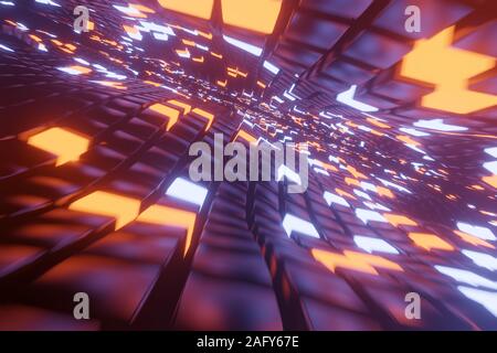 Abstrakten 3D-Raum Hintergrund mit einer Perspektive der Metallwürfel und hellen Elementen des Lichts. Weg in die Unendlichkeit. Stockfoto