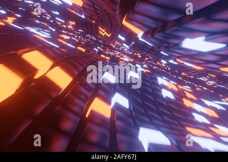 Abstrakten 3D-Raum Hintergrund mit einer Perspektive der Metallwürfel und hellen Elementen des Lichts. Weg in die Unendlichkeit. Stockfoto