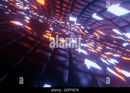 Abstrakten 3D-Raum Hintergrund mit einer Perspektive der Metallwürfel und hellen Elementen des Lichts. Weg in die Unendlichkeit. Stockfoto