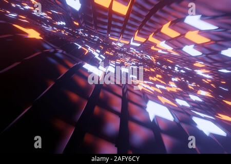 Abstrakten 3D-Raum Hintergrund mit einer Perspektive der Metallwürfel und hellen Elementen des Lichts. Weg in die Unendlichkeit. Stockfoto