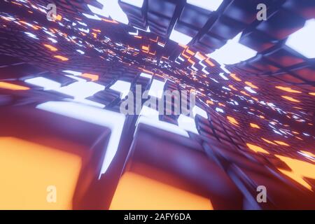 Abstrakten 3D-Raum Hintergrund mit einer Perspektive der Metallwürfel und hellen Elementen des Lichts. Weg in die Unendlichkeit. Stockfoto