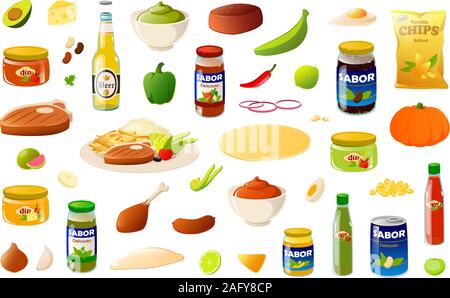 Vector Illustration der verschiedenen Lateinamerikanischen mexikanische Lebensmittel, Zutaten und Speisekammer Reihen Stock Vektor