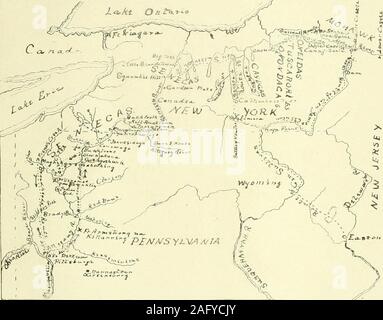 . Geschichte der Chautauqua County, New York, und seine Menschen. Städte und Felder gibt, andjoin die Expedition aus dem Osten in einer Com kombiniert Angriff auf Fort Niagara. Die Expedition aus dem Osten verschoben in twodivisions. Unter General Sullivan links Mar-ming, gestiegen der Susquehanna, und arrivedat Tioga, August n., 1779. Die andere, underGen. James Clinton, marschierten von Canajo - harie auf der Mohawk, über OtsegoLake weitergegeben, stieg die Susquehanna und joinedGen. Sullivan, 22. August d. Ein Teil der Clintonstorce, unter Colonel Van Schaick hatte previouslydestroyed die Felder und Dörfer der Onon - dagas. Die beiden Stockfoto