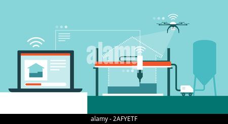 3D-Drucker bauen ein Haus und Computer das Senden von Daten an die Maschine, 3D Home gedruckt und innovative Bauwirtschaft Lösungen Stock Vektor