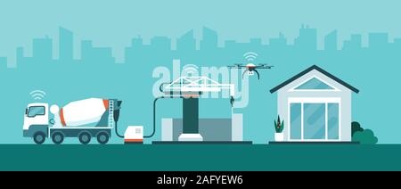 Roboterarm Aufbau eines 3D-gedruckten Haus und Betonmischer LKW mischen das Material, innovative Konstruktion Industrie Lösungen Stock Vektor