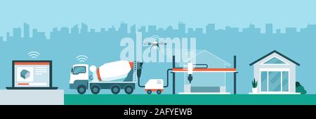 Innovative 3-D-Printing House Technik: Computer Daten an das 3D-Drucker und die Verwaltung der angeschlossenen Drohne und Betonmischer LKW Stock Vektor