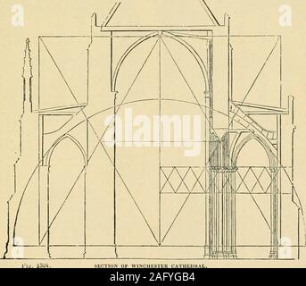 . Eine Enzyklopädie der Architektur, historische, theoretische und praktische. Neue Ed., Rev., Teile neu geschrieben und mit Ergänzungen von Wyatt Papworth. nach Süden 102 Fuß 8 Zoll. Die Breite zwischen den Wänden bildet die Basis eines gleichseitigen Dreiecks, die Spitze des whichdetermines die Höhe der Einwölbung des Mittelschiffs; ein Halbkreis auf dieser Basis getroffen, mit einem Radius von 52 Meter, bestimmt die Intrados der Bögen der strebebögen an jeder Seite, wliich sind hervorragend platziert der Schub im Gegensatz zu ihnen zu widerstehen. In dieser Sektion haben wir versucht, die Prinzipien von Cesare Cesareano anzuwenden, b Stockfoto