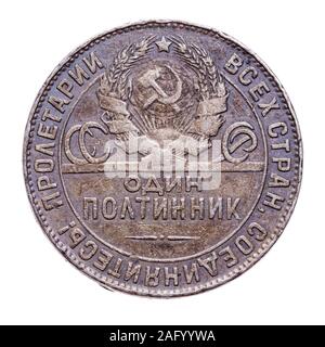 Antike Russland Sowjetunion UdSSR Silbermünze 50 Cent 1924 Jahr. Alte Silbermünzen der UdSSR 50 Kopeken 1925, ein halber Rubel. Isoliert auf Weiß Stockfoto