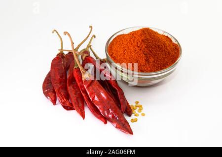 Getrocknete rote Chili und Pulver Stockfoto