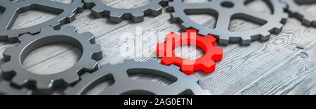 Red Leader Zahnräder Panoramablick auf das Konzept. 3D-Rendering Stockfoto
