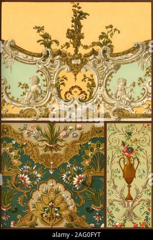 Malerei, aus Antilopenleder, Stuckverzierungen, Frankreich und Deutschland, 17. und 18. Jahrhundert (1898). "Abb. 1: gestempelt Leder Umhang im Stil Louis XIV. aus der Sammlung vaterl&#xe4;ndischer Alterth &#xfc; mer in Stuttgart. Abb. 2: Decken vom Schloss in Bruchsal [Schloss Bruchsal]. Abb. 3: Lackiertes Türblatt aus einem Herrenhaus in Paris ... wir in diesem Stil die harmonische Zusammenarbeit von Architektur, Skulptur und Malerei bewundern, selten anderswo' gefunden. Platte 83 aus "Die historischen Stile des Ornaments" der Deutschen von H. Dolmetsch übersetzt. [B.T. Batford, London, Stockfoto