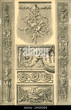 Bemaltem Gips Ornament, Frankreich, 18.Jahrhundert (1898). "Abb. 1: Holzschnitzerei auf einer Holzverkleidung im Musikzimmer des Arsenals Bibliothek zu Paris im Stil von Louis XV 1715-1774 [c]. Abb. 2 und 3: lisenen Geschnitzt aus Die wandtäfelungen einer Limousine zu Paris im Stil von Louis XVI [1774-1792]. Abb. 4: Gemalte Fries aus das Boudoir der Königin Marie Antoinette auf Schloss Fontainebleau, im Stil von Louis XVI. Abb. 5: Anzeige eines stuck Hohlkehle bei einem an der Decke einer Limousine zu Paris im Stil von Louis XVI. Abb. 6. Carved wall Panel über einen Saloon Tür in den H&#xf4; Tel de Ville in Bordeaux, im Stil von Louis XVI..." Zopfst Stockfoto