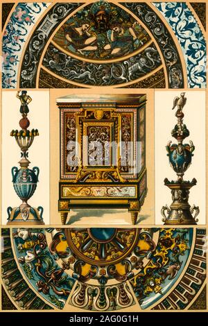 Der französischen Renaissance Emaille auf Metall, Keramik Malerei, Metall Mosaik, (1898). "Abb. 1-10: Dekorationen auf Limoges - Schiffe (Kupfer - Emaillieren), Abb. 1 im privaten Besitz, Abb. 2 von der Galerie d'Apollon im Louvre in Paris, Abb. 3 und 4 im Bayerischen Nationalmuseum in München. Abb. 11 und 12: Fayence Giebel - Köpfe. Abb. 13-18: Dekorationen auf Fayence Schiffe von Bernard Palissy, aus dem Mus&#xe9;e du Louvre in Paris und in privatem Besitz. Abb. 19 und 20: Grenzen auf Fayence Platten von Rouen. Abb. 21: Wenig Boule - Kasten in der Mus&#xe9;e du Louvre in Paris ... unter der Fayence - Maler von Th Stockfoto