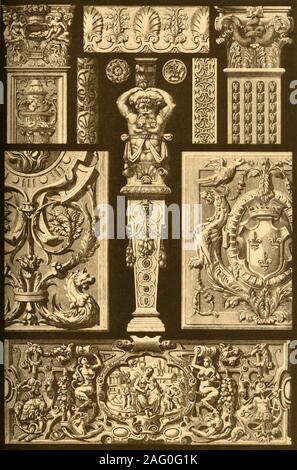 Der französischen Renaissance Ornamente in Stein und Holz, (1898). "Abb. 1: Stützpfeiler - Kapital aus einem Schornstein im H&#xf4;Lasbordes in Toulouse (Fran &#xe7; ois I), [16]. Abb. 2: Geschnitzte Panel an der Holzverkleidung der Galerie der Fran &#xe7; ois ich auf Schloss Fontainebleau. Abb. 3: geschnitzt Panel-Ornament aus einer Tür in der Justiz - Palast in Dijon (Fran &#xe7; ois I bis Henri II). Abb. 4: Torus - Dekoration in der Kapelle des Schlosses von Anet (Henri II), [16]. Abb. 5: die Dekoration der Fenster - Rahmen auf der Louvre in Paris (Henri II). Abb. 6: Holz - Rosette aus der Galerie von Henri II in der Burg Stockfoto