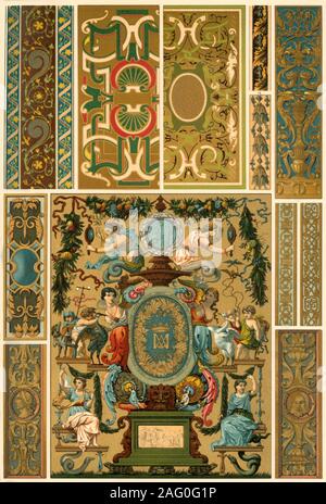 Der französischen Renaissance Wand gemälde, polychrome Skulptur bemalt, Weben und Buchumschläge, (1898). "Abb. 1: Gemalte Fries auf beiden Seiten der Schornstein in den H&#xf4;d'Aluie in Blois, Stil Louis XII, 1. Hälfte des 16. Jahrhunderts. Abb. 2: geschnitzte Panel aus dem Schloss in Gaillon, Stil Louis XII, 1. Hälfte des 16. Jahrhunderts. Abb. 3 und 4: geschnitzte und bemalte Girder-Panels auf einer Decke in Assize - Gericht in Dijon, Stil von Fran &#xe7; ois I XII, 1. Hälfte des 16. Jahrhunderts. Abb. 5: geschnitzte und bemalte Decke-Panel von der Diana-Kammer auf Schloss Anet, Stil von Henri II., Mitte des 16. Jahrhunder t Stockfoto