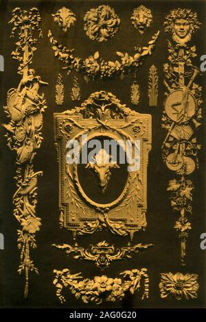 Beschläge, Frankreich und Deutschland, 18. Jahrhundert, (1898). "Abb. 1-15: Metall Befestigungen wirft in der Sammlung der Gipsabgüsse in der Königlichen Technischen Institut, Stuttgart.... hier besonders das große Talent von Charles Cressent gefeiert als Bildhauer, Carver, und Cabinet-Maker ins Spiel kommt, und seine Vielseitigkeit war so groß, dass er zu seiner Arbeit eine einheitliche und sehr ungewöhnlichen Charme verleihen könnte... In der gleichen Weise finden wir Jacques Caffieri, der berühmte Bildhauer, Gründer und Carver, bei der Arbeit an Bronzen, die er sehr geschmackvoll mit Möbeln, - vermutlich in Verbindung mit Jean-fran&#xe7; ois Stockfoto