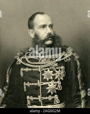 "Franz Josef, Kaiser von Österreich", c 1872. Porträt von Franz Joseph (1830-1916), Kaiser von Österreich wurde nach der Revolution von 1848, die zur Abdankung seines Onkels led, Ferdinand I. im Jahre 1914 sein Ultimatum an Serbien nach dem Mord an seinem Erben, dem Erzherzog Franz Ferdinand, führte zum Ausbruch des Ersten Weltkrieges. Von "Der deutsch-französische Krieg: seine Ursachen, Ereignisse und Folgen", Band I, vom Kapitän H M Hozier. [William Mackenzie, London, 1872] Stockfoto