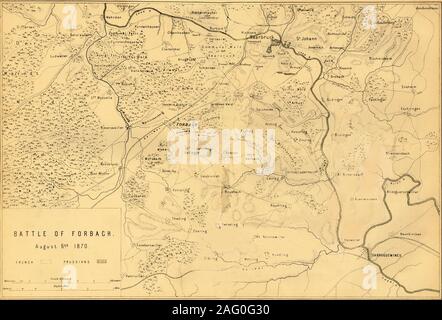 Karte der Schlacht von Forbach, 6. August 1870, (c 1872). Karte: 'Drawn unter dem Superintendance von Kapitän Hozier', die feindlichen Stellungen. Die Schlacht von Spicheren, auch als die Schlacht von Forbach war die zweite von drei kritischen Französischen Niederlagen während des Preußisch-Französischen Krieg von 1870-1871. Von "Der deutsch-französische Krieg: seine Ursachen, Ereignisse und Folgen", Band I, vom Kapitän H M Hozier. [William Mackenzie, London, 1872] Stockfoto