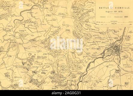 Karte der Schlacht von Vionville, 16. August 1870, (c 1872). Karte: 'Drawn unter dem Superintendance von Kapitän Hozier', die feindlichen Stellungen. Die Schlacht von Mars-La-Tour (auch bekannt als die Schlacht von Vionville oder Schlacht von rezonville) wurde in der Nähe des Dorfes Mars-La-Tour im Nordosten von Frankreich kämpfte. Von "Der deutsch-französische Krieg: seine Ursachen, Ereignisse und Folgen", Band I, vom Kapitän H M Hozier. [William Mackenzie, London, 1872] Stockfoto