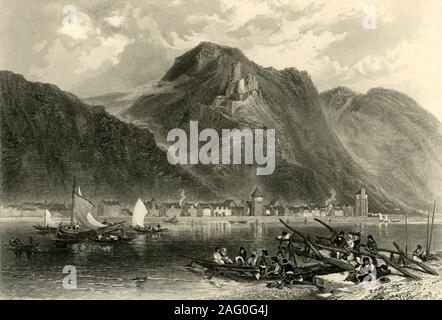 T'S. Goarhausen', c 1872. Boote auf dem Rhein bei Sankt Goarshausen in der Rheinschlucht, Deutschland. Die Ruine der Burg Katz kann über der Stadt gesehen werden. Von "Der deutsch-französische Krieg: seine Ursachen, Ereignisse und Folgen", Band II, vom Kapitän H M Hozier. [William Mackenzie, London, 1872] Stockfoto