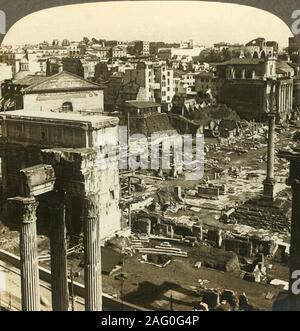 "Tempel des Vespasian und Bogen von Severus, östlich von Capitol, Rom, Italien ", c 1909. Der Tempel von Vespasian, Titus im Jahr 79 nach dem Tod von Vespasian und Titus die Nachfolge der Flavischen Dynastie und der Triumphbogen des Septimius Severus in 203 dedizierte Parthischen Siege von Kaiser Septimius Severus und seine Söhne Caracalla und Geta zu gedenken zu ehren. Auf einem Sun Skulptur stereoskop von Underwood&Amp gemacht angesehen werden; Underwood. [Die Rose Stereograph Unternehmen, Melbourne, Sydney, Wellington & Amp; London, c 1909] Stockfoto