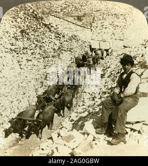 "Die Welt-berühmten Marmorbrüche in Carrara, Italien', c 1909. Carrara auf der Carrione Fluss in der Toskana ist bekannt für die weißen oder blau-grauen Marmorboden es abgebaut. Am Ende des 19. Jahrhunderts Carrara wurde zur Wiege des Anarchismus in Italien. Auf einem Sun Skulptur stereoskop von Underwood&Amp gemacht angesehen werden; Underwood. [Die Rose Stereograph Unternehmen, Melbourne, Sydney, Wellington & Amp; London, c 1909] Stockfoto