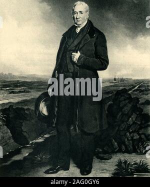 George Stephenson, c 1849 (1945). Porträt von George Stephenson (1781-1848), deutscher Maschinenbauer und Erfinder der Lokomotive. Nach einem Gemälde von 1849. Von "British Railways", von Arthur Elton. [Collins, London, 1945] Stockfoto