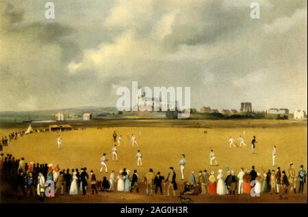 "Ein Cricket-spiel bei Christchurch Priory, Hampshire, 1850", (1947). Zuschauer, die ein Spiel auf Stanpit Marsh außerhalb der Stadt Christchurch, (jetzt in Dorset), mit der augustinus Christchurch Priory Kirche und Schloss im Hintergrund. Von "englische Cricket", von Neville Cardus. [Collins, London, 1947] Stockfoto