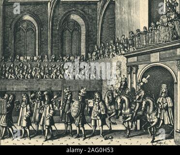 "Des Königs Challenger in Westminster Hall", 1684, (1947). Beamten und Adligen in Westminster Hall im Palast von Westminster, London. Des Königs Meister' ... einmal ritt ... zwischen den Tabellen der roystering Adligen jeder, dass das Recht des Souveräns zu Regel" bestritten. Der Meister war erforderlich, in voller Rüstung in Westminster Hall während der Krönung und Veranstaltungsräume zu reiten, durch den Earl Marshal und der Lord High Constable, sind alle in vollem Umfang kleid, umhang und coronets begleitet, und die Herausforderung für alle Beteiligten erwarten. Von "House of Commons", von Martin Lindsay M.P. [Collins, Stockfoto