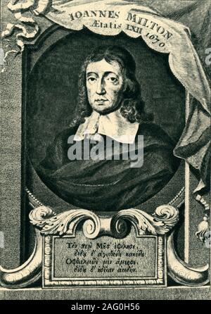 John Milton, (1943). Porträt der englische Schriftsteller und Dichter John Milton (1608-1674) im Alter von 62 im Jahr 1670, entsprechend der lateinischen Inschrift. Milton, Autor von "Das verlorene Paradies", wurde total blind in etwa 1652. Gravur gemacht Anfang bis Mitte des 18. Jahrhunderts. Von "Die englische Bibel", von Sir Herbert Grierson. [Collins, London, 1943] Stockfoto