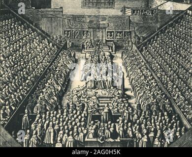 "Der Versuch des Earl of Strafford in der Westminster Hall, 1641", (1947). Thomas Wentworth (1593-1641) war der führende Berater von König Karl I. in der Zeit bis zu den Englischen Bürgerkrieg. Sein Versuch, die souveräne Macht des Königs zu konsolidieren führte zu seiner Amtsenthebung in Westminster Hall in London. Strafford wurde des Hochverrats schuldig gesprochen und hingerichtet gefunden am Tower Hill. Von "House of Commons", von Martin Lindsay M.P. [Collins, London, 1947] Stockfoto