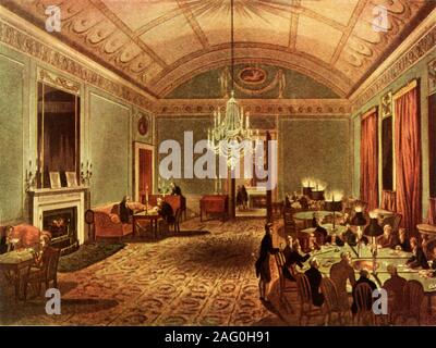 "Das große Abonnement Zimmer an Bächen, St. James's Street, London, 1808, (1947). Innenraum der Bäche der Gentlemen's Club zeigt die segmentale Tonnengewölbe Decke. Glücksspiel ist in Arbeit, mit Mitgliedern Roulette spielen und spielen Karten. Der Verein stammt aus dem 18. Jahrhundert. Von "den Mikrokosmos von London". [Rudolph Ackermann, London, 1808]. In "britische Clubs" veröffentlicht, von Bernard Darwin. [Collins, London, 1947] Stockfoto