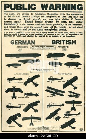 Poster mit Typen von britischen und deutschen Flugzeuge, Erster Weltkrieg, 1915, (1944). Diagramm von der britischen Regierung zeigen, produziert Umrisse von Flugzeugen für die Identifizierung: "Öffentliche Warnung: Die Öffentlichkeit wird empfohlen, sich mit dem Auftritt des britischen und deutschen Luftschiffe und Flugzeuge vertraut zu machen, daß sie nicht durch britische Flugzeuge alarmiert werden und können Zuflucht nehmen, wenn Deutsche Flugzeuge erscheinen. Sollten feindliche Flugzeuge gesehen werden, Unterkunft sofort in die nächste, zur Verfügung stehende Haus, vorzugsweise im Keller, und dort bleiben, bis das Flugzeug verlassen haben der Umgebung: Nicht ab Stockfoto